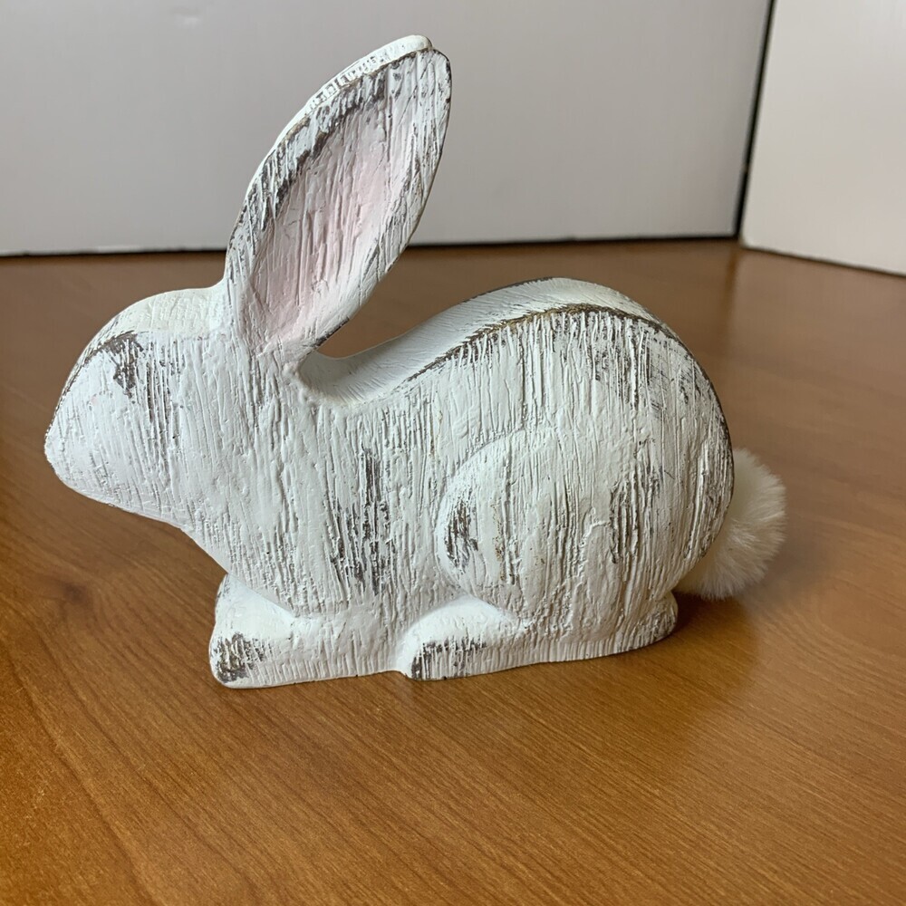 Whitewash Bunny Rabbit With Cotton Tail 6”x5” Resin